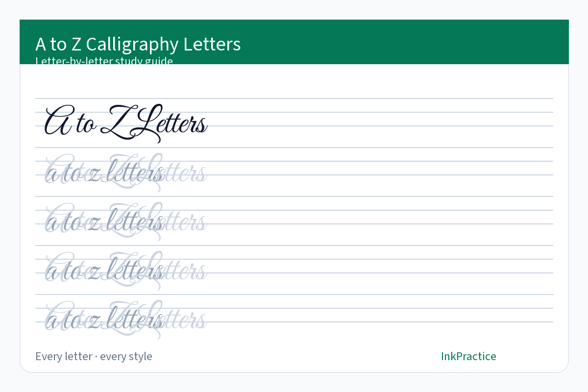 A to Z calligraphy letters study guide chart