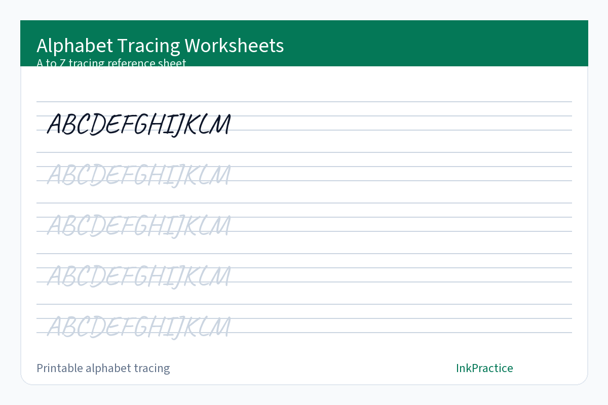 Alphabet tracing worksheets chart for A to Z practice