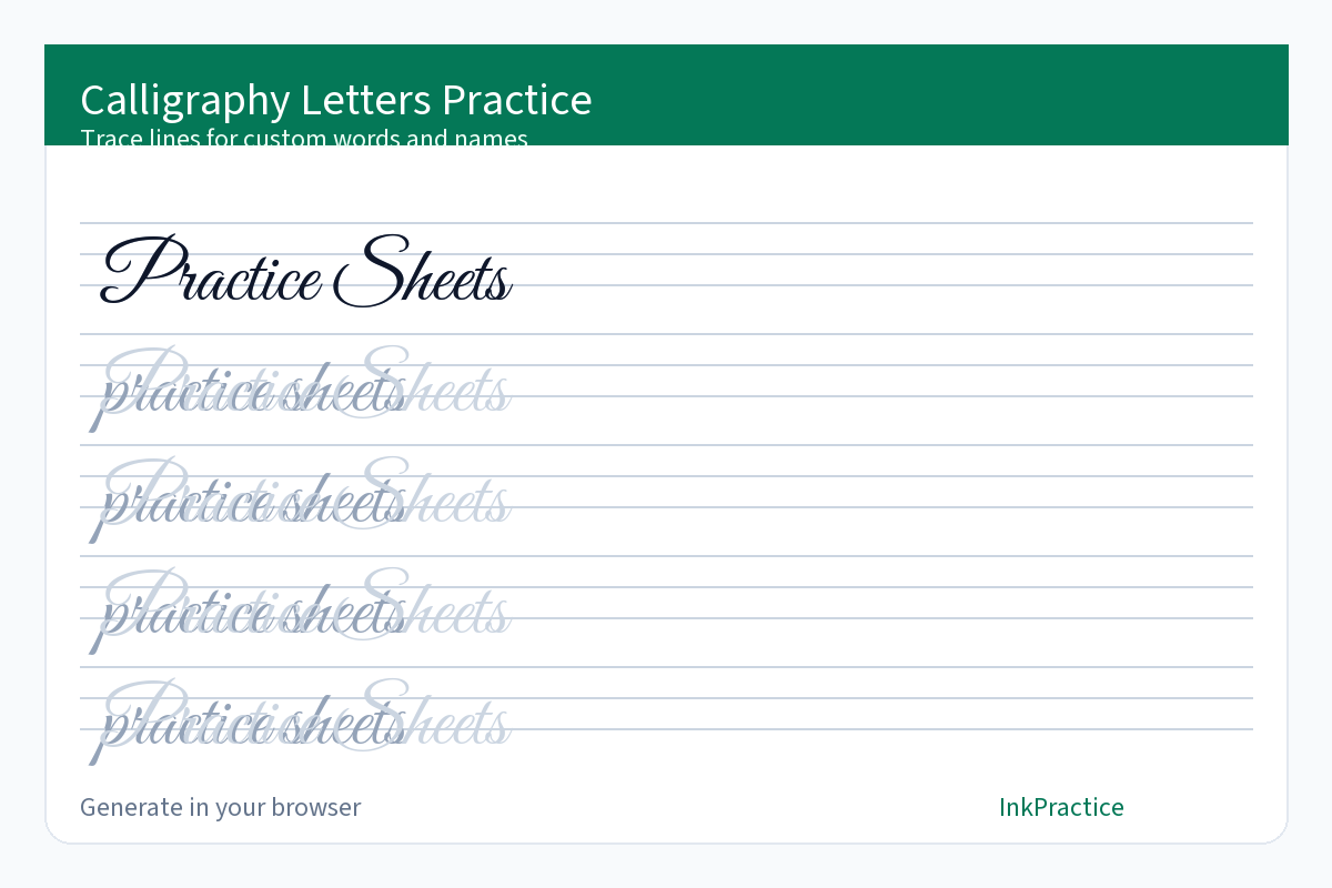 Calligraphy practice sheets preview generated in browser