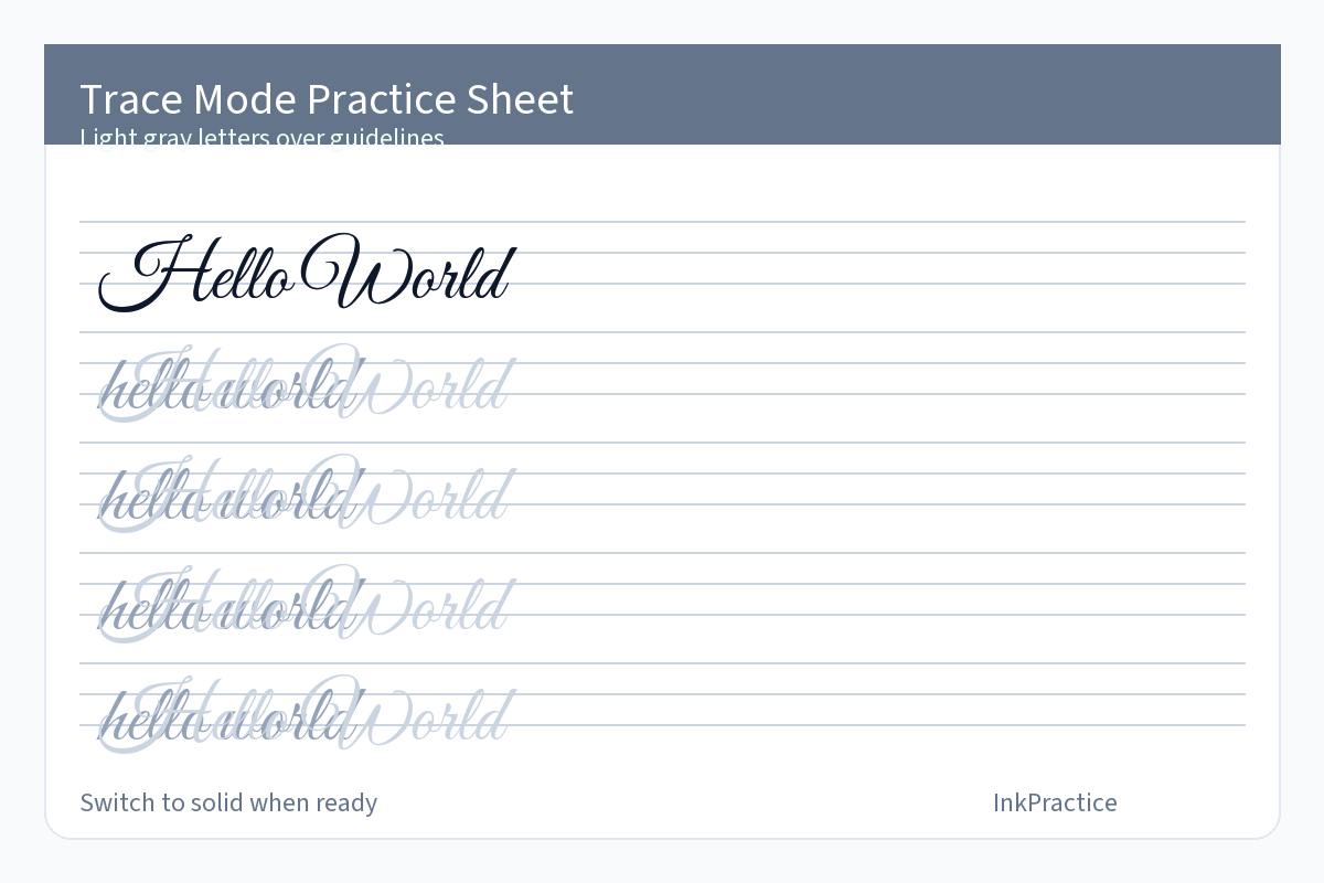 Trace mode calligraphy practice sheets with light gray letters