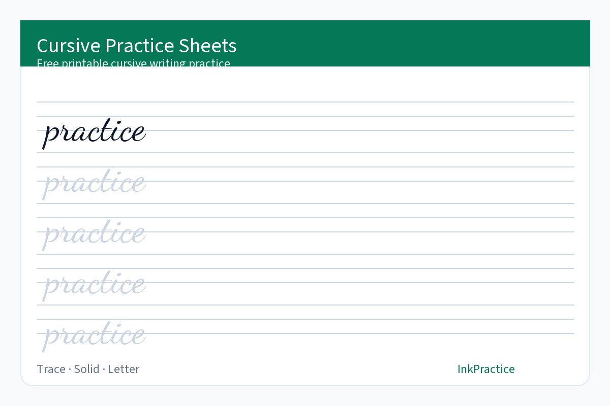 Cursive practice sheets preview with free printable trace lines