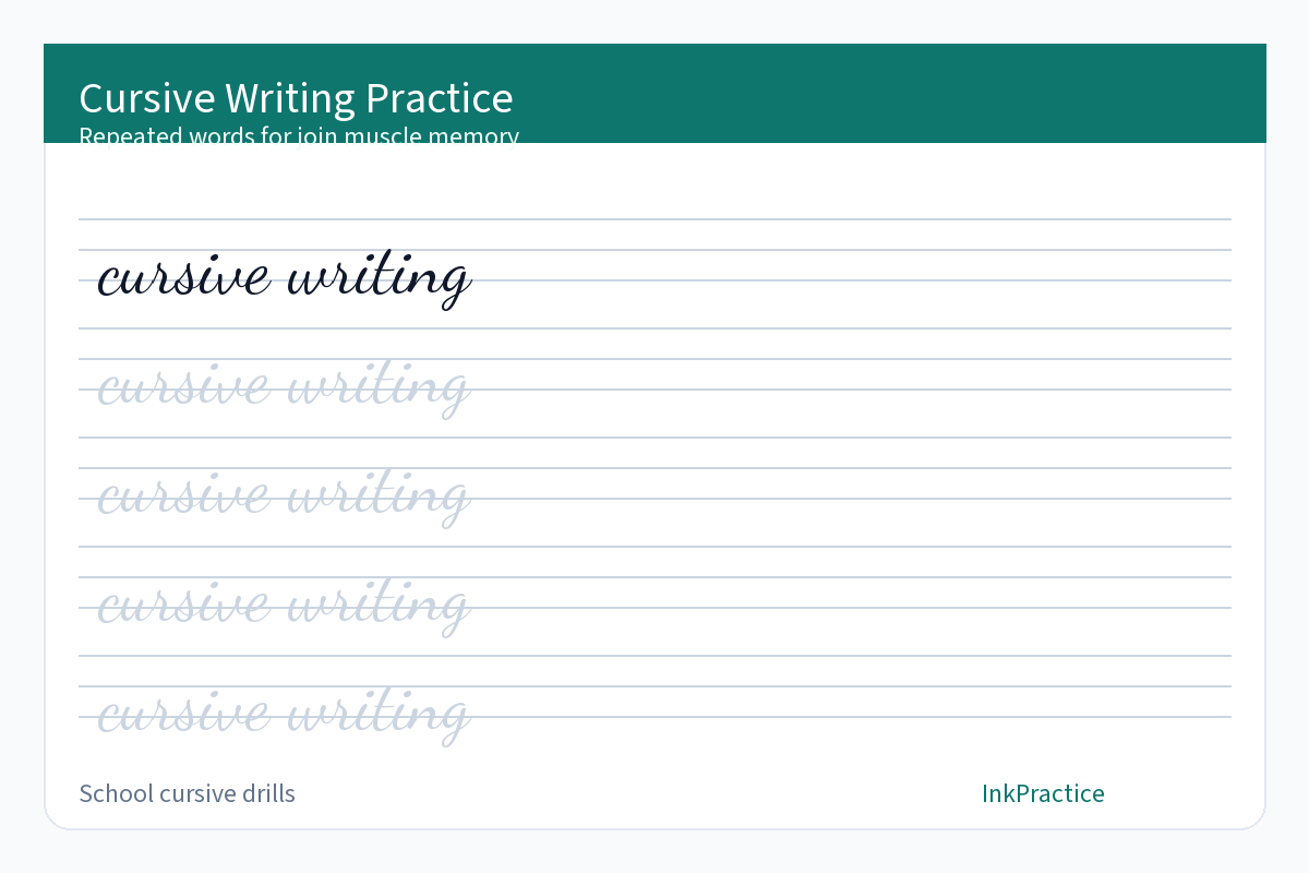 Cursive writing practice sheets sample with repeated words